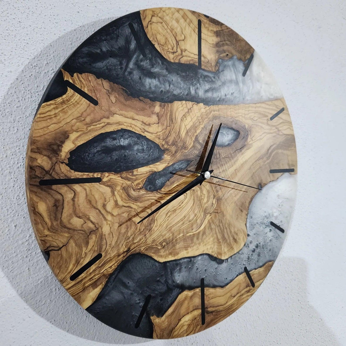 Custom Made Resin & Olive Wood Wall Clock, Made to order Epoxy and Olive Wood Clock, Black and White Live Edge Rustic Olive Wood Wall Clock BlackSeaResinWorks