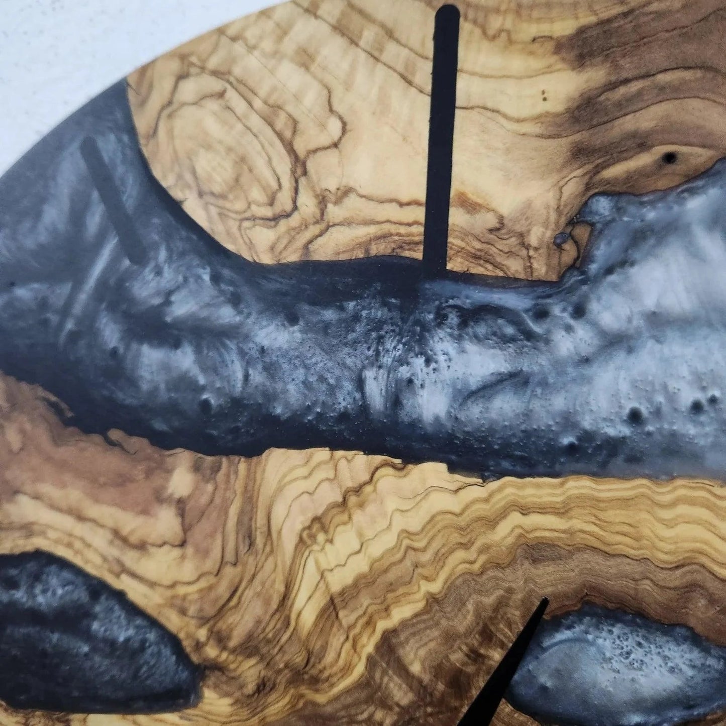 Custom Made Resin & Olive Wood Wall Clock, Made to order Epoxy and Olive Wood Clock, Black and White Live Edge Rustic Olive Wood Wall Clock BlackSeaResinWorks