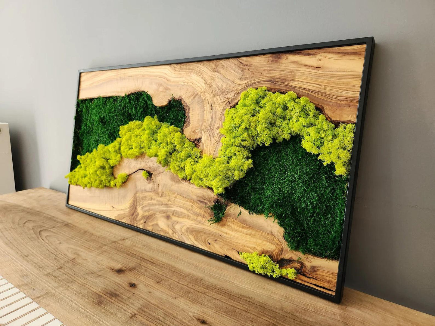 Moss Wall Decor, Custom Made Moss and Olive Wood Wall Art, Metal Frame, Olive Wood and Moss Wall Art- Preserved Stabilized Moss Wall Decor BlackSeaResinWorks