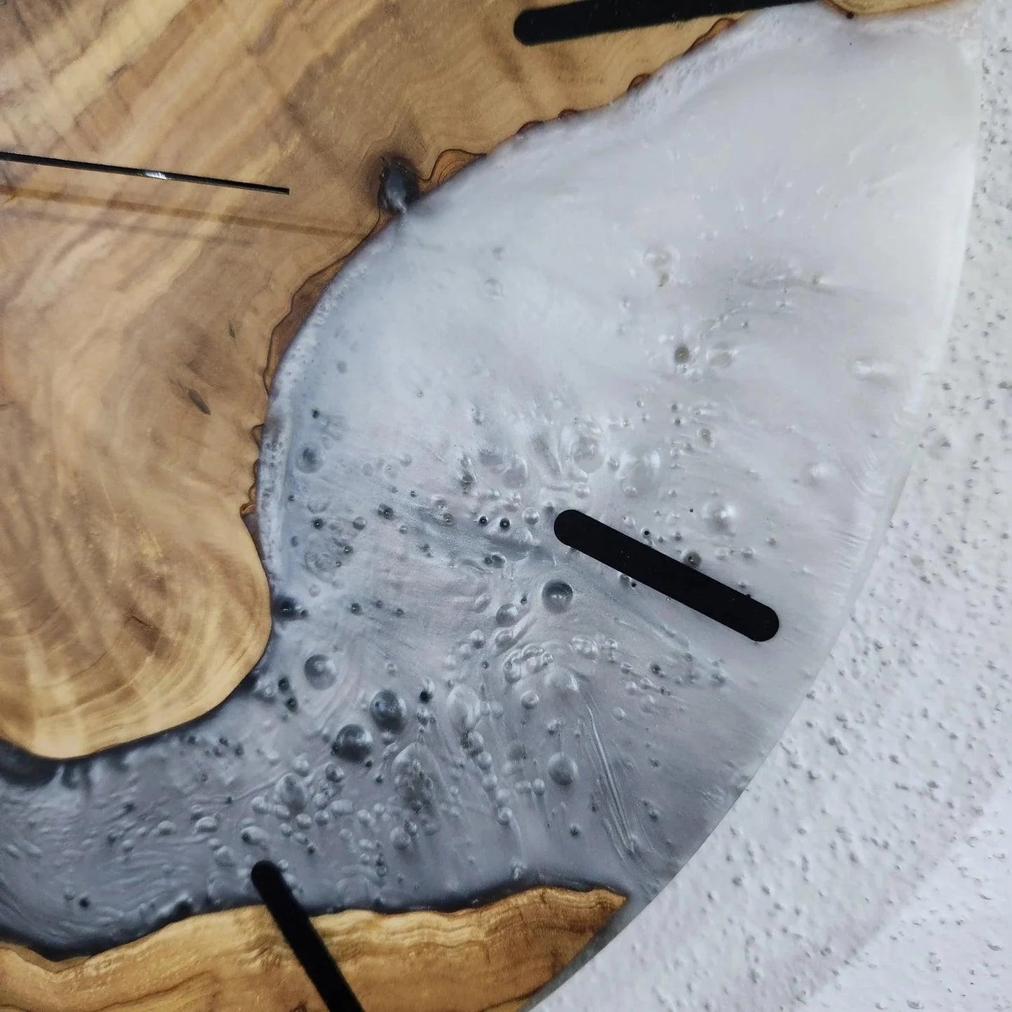 Custom Made Resin & Olive Wood Wall Clock, Made to order Epoxy and Olive Wood Clock, Black and White Live Edge Rustic Olive Wood Wall Clock BlackSeaResinWorks