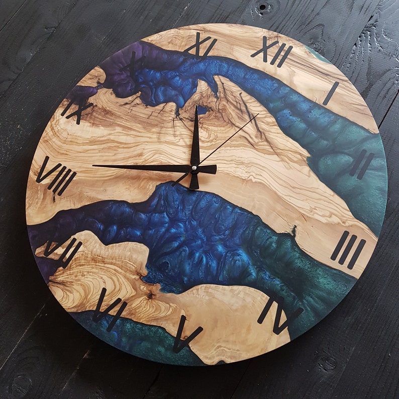 Custom Made Resin & Olive Wood Wall Clock, Epoxy and Olive Wood Wall Clock, Christmas Gift, Live Edge Rustic Olive Wood Wall Clock, Timeless BlackSeaResinWorks