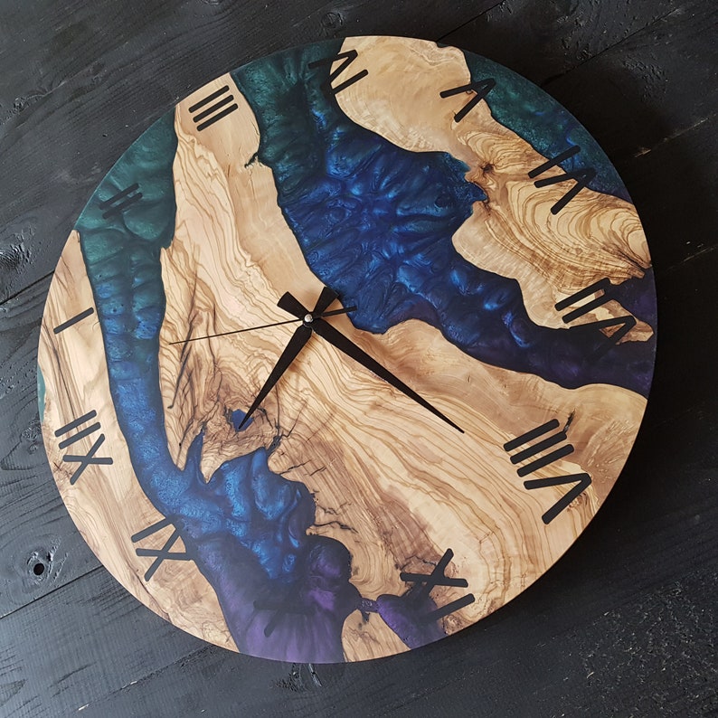 Custom Made Resin & Olive Wood Wall Clock, Epoxy and Olive Wood Wall Clock, Christmas Gift, Live Edge Rustic Olive Wood Wall Clock, Timeless BlackSeaResinWorks