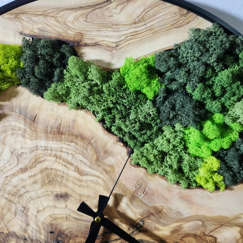 Custom Moss Olive Wood Wall Clock, Metal and Olive Wooden Wall Clock, Olive Wooden Wall Clock & Moss Wall Art, Preserved Stabilized Moss BlackSeaResinWorks