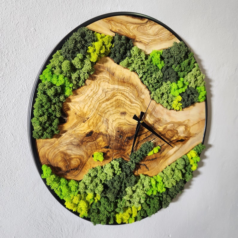 Custom Moss Olive Wood Wall Clock, Metal and Olive Wooden Wall Clock, Olive Wooden Wall Clock & Moss Wall Art, Preserved Stabilized Moss BlackSeaResinWorks