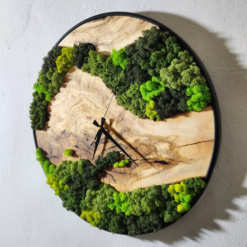Custom Moss Olive Wood Wall Clock, Metal and Olive Wooden Wall Clock, Olive Wooden Wall Clock & Moss Wall Art, Preserved Stabilized Moss BlackSeaResinWorks
