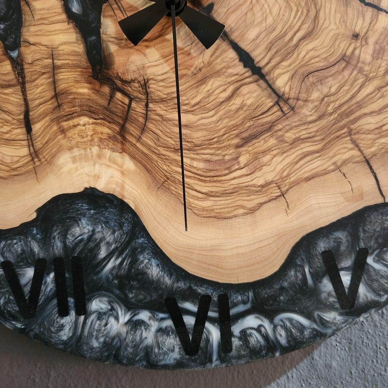 Black and White Epoxy Wall Clock, Custom Made Resin & Olive Wood Wall Clock, Made to order Epoxy and Olive Wood Wall Clock, Live Edge Clock BlackSeaResinWorks
