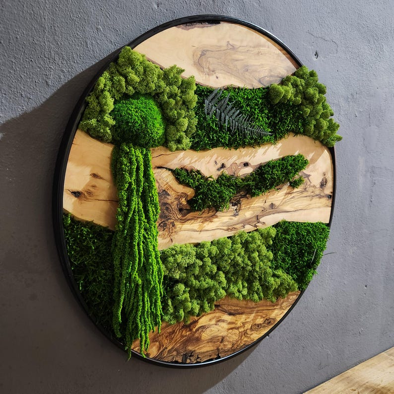 Moss and Olive Wood Wall Art, Custom Made Metal Frame Moss Wall Decor, Olive Wood and Moss Wall Art- Preserved Stabilized Moss Wall Decor BlackSeaResinWorks