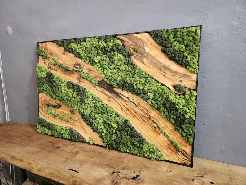 Moss & Wood Wall Art, Unique Custom Made Olive Wood And Moss Wall Decor, Rustic Greenery Decor, Hotel Lobby Wall Art Decor, Home Wall Decor BlackSeaResinWorks