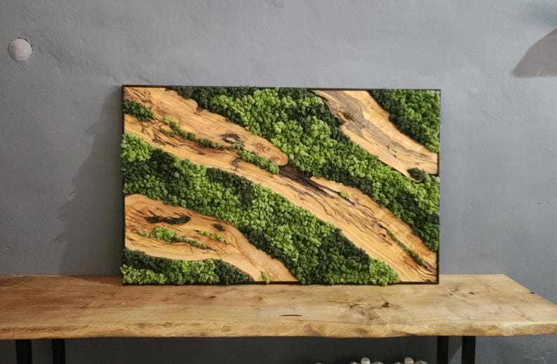 Moss & Wood Wall Art, Unique Custom Made Olive Wood And Moss Wall Decor, Rustic Greenery Decor, Hotel Lobby Wall Art Decor, Home Wall Decor BlackSeaResinWorks