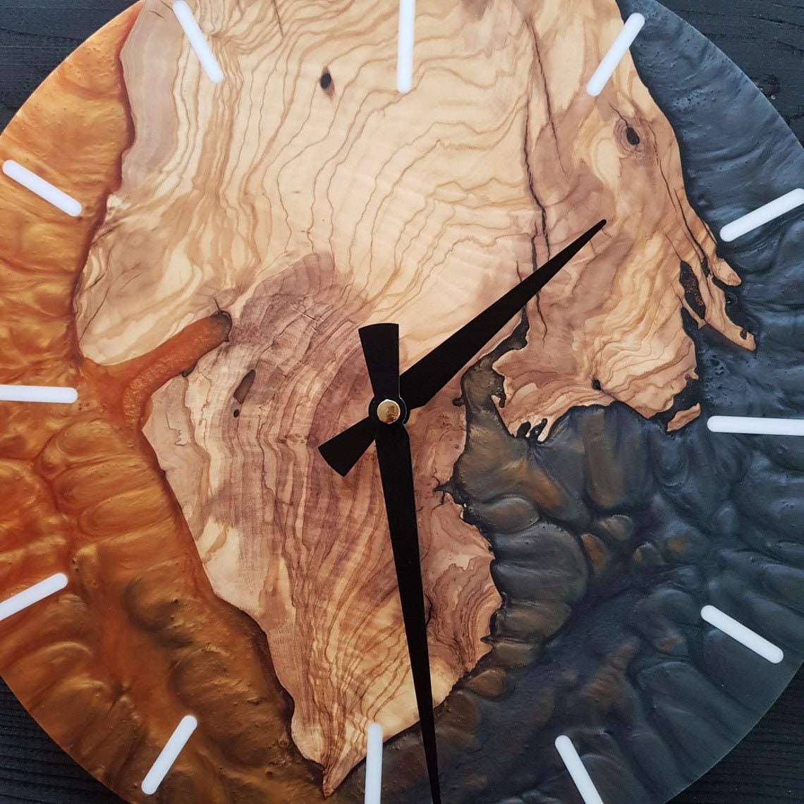Handmade Epoxy and Olive Wood Wall Clock, Wall Decor, Large Wall Clock, Boho Wall Decor BlackSeaResinWorks