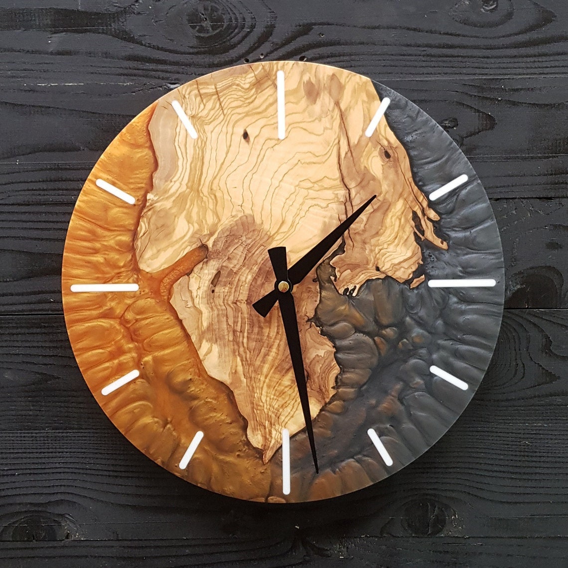 Handmade Epoxy and Olive Wood Wall Clock, Wall Decor, Large Wall Clock, Boho Wall Decor BlackSeaResinWorks