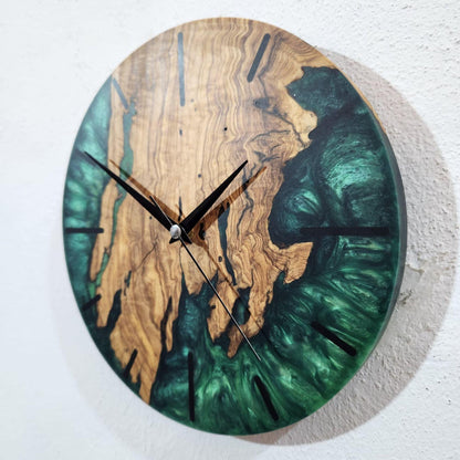 Green Resin Wall Clock, Custom Made Resin & Olive Wood, Made to order Epoxy and Olive Wall Clock, Home gift, Live Edge Rustic Wall Clock BlackSeaResinWorks