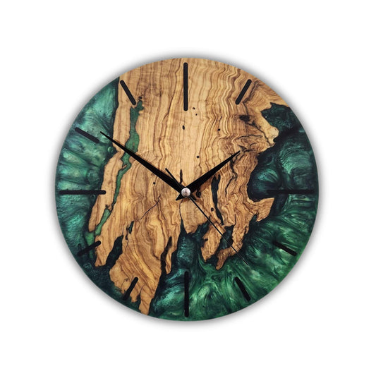 Green Resin Wall Clock, Custom Made Resin & Olive Wood, Made to order Epoxy and Olive Wall Clock, Home gift, Live Edge Rustic Wall Clock BlackSeaResinWorks