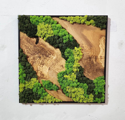 Moss and Olive Wood Wall Art, Metal Frame Moss Wall Decor, Olive Wood and Moss Wall Art- Preserved Stabilized Moss Wall Decor BlackSeaResinWorks
