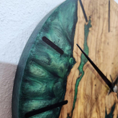 Green Resin Wall Clock, Custom Made Resin & Olive Wood, Made to order Epoxy and Olive Wall Clock, Home gift, Live Edge Rustic Wall Clock BlackSeaResinWorks