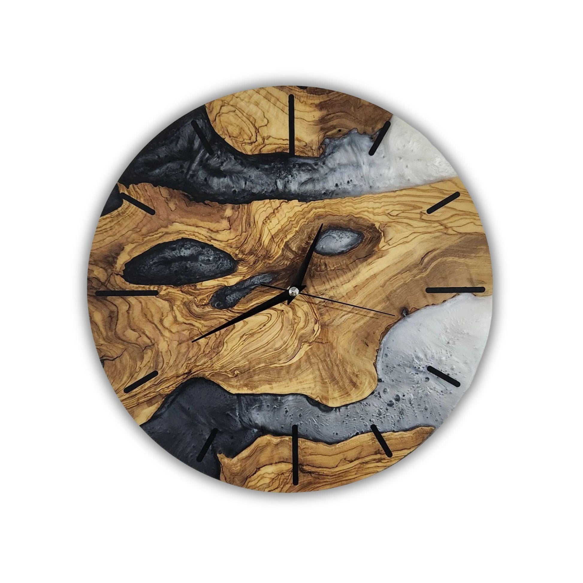 Custom Made Resin & Olive Wood Wall Clock, Made to order Epoxy and Olive Wood Clock, Black and White Live Edge Rustic Olive Wood Wall Clock BlackSeaResinWorks