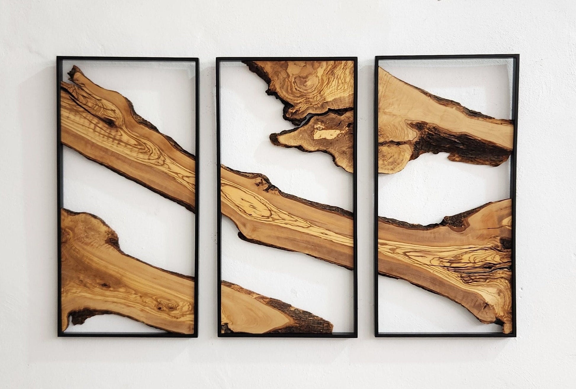 Set of 3 Metal and Wooden Wall Art, 3 Piece Olive Wood Wall Decor, Wall Art, Wood Wall Art, Rustic Wall Art, Live Edge Wood Wall Decor BlackSeaResinWorks