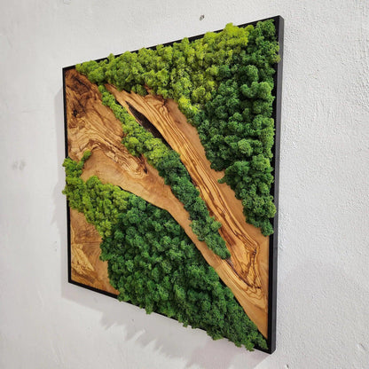 Custom Made Moss and Olive Wood Wall Art, Metal Frame Moss Wall Decor, Olive Wood and Moss Wall Art- Preserved Stabilized Moss Wall Decor BlackSeaResinWorks