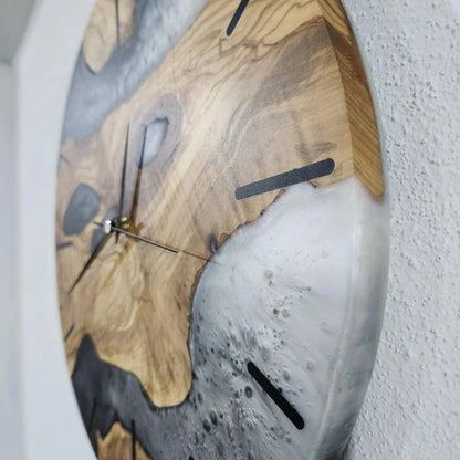 Custom Made Resin & Olive Wood Wall Clock, Made to order Epoxy and Olive Wood Clock, Black and White Live Edge Rustic Olive Wood Wall Clock BlackSeaResinWorks