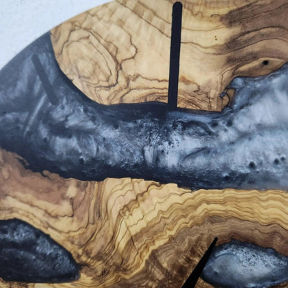 Custom Made Resin & Olive Wood Wall Clock, Made to order Epoxy and Olive Wood Clock, Black and White Live Edge Rustic Olive Wood Wall Clock BlackSeaResinWorks