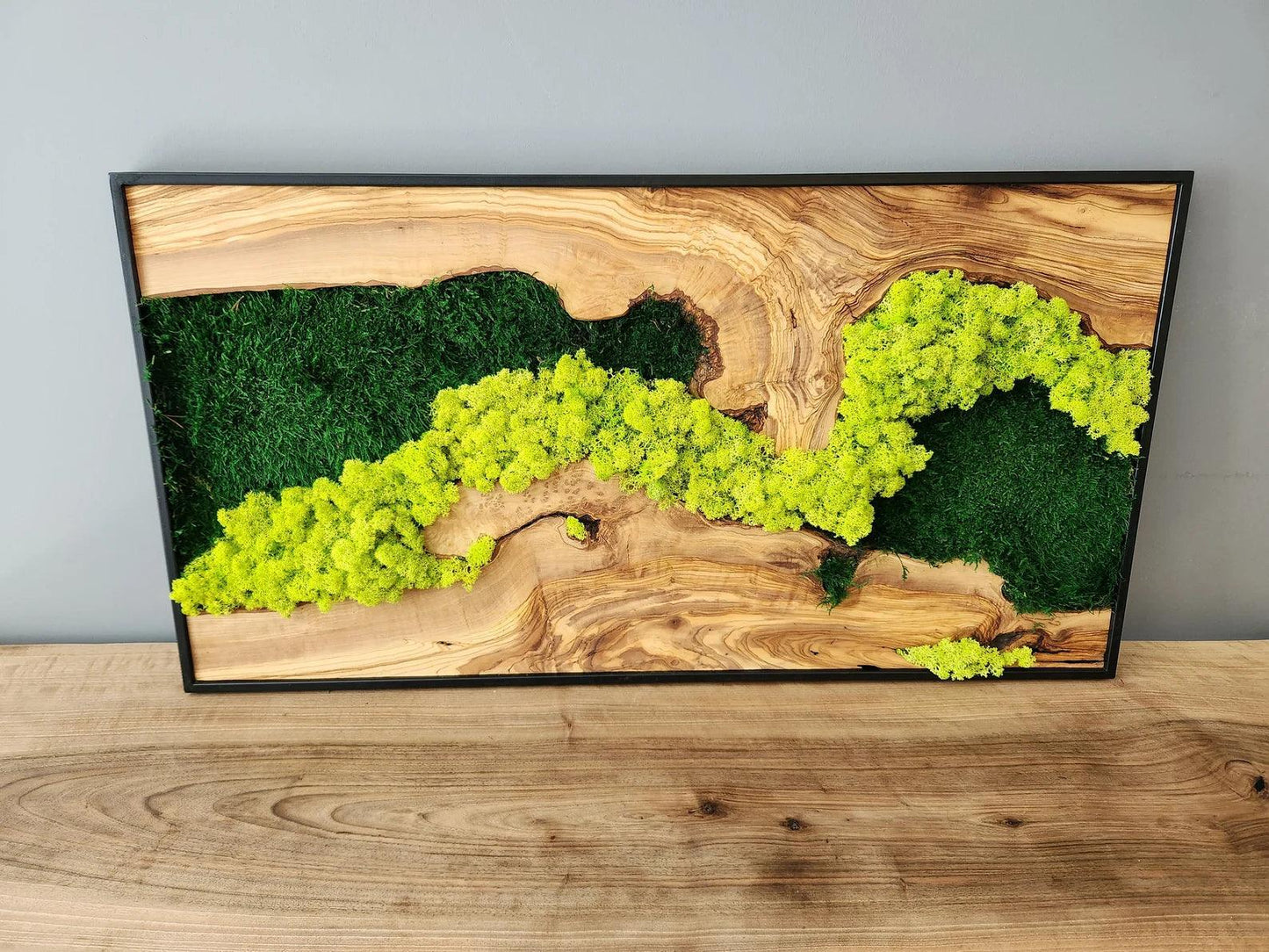 Moss Wall Decor, Custom Made Moss and Olive Wood Wall Art, Metal Frame, Olive Wood and Moss Wall Art- Preserved Stabilized Moss Wall Decor BlackSeaResinWorks