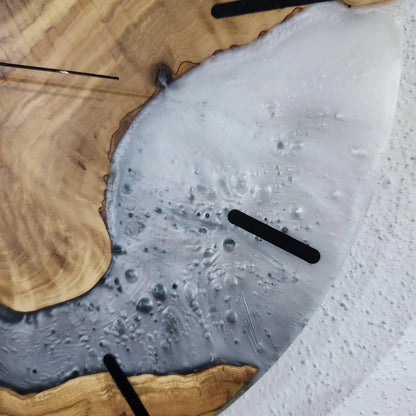 Custom Made Resin & Olive Wood Wall Clock, Made to order Epoxy and Olive Wood Clock, Black and White Live Edge Rustic Olive Wood Wall Clock BlackSeaResinWorks