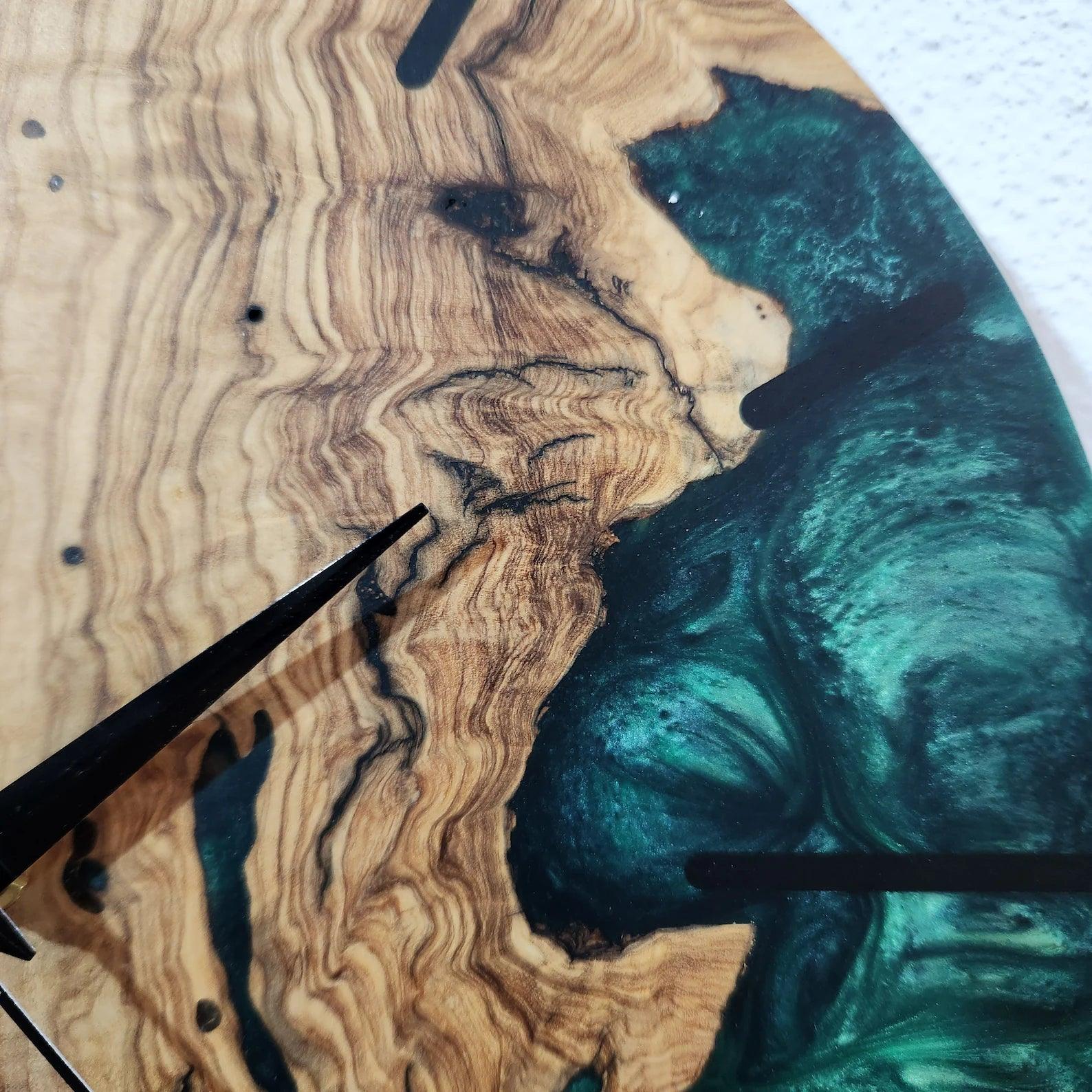 Green Resin Wall Clock, Custom Made Resin & Olive Wood, Made to order Epoxy and Olive Wall Clock, Home gift, Live Edge Rustic Wall Clock BlackSeaResinWorks