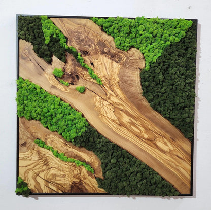 Custom Made Moss and Olive Wood Wall Art, Metal Frame Moss Wall Decor, Olive Wood and Moss Wall Art- Preserved Stabilized Moss Wall Decor BlackSeaResinWorks