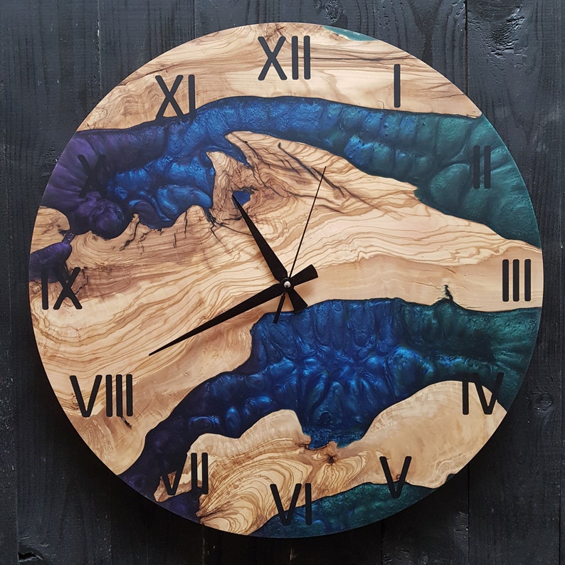 Custom Made Resin & Olive Wood Wall Clock, Epoxy and Olive Wood Wall Clock, Christmas Gift, Live Edge Rustic Olive Wood Wall Clock, Timeless BlackSeaResinWorks