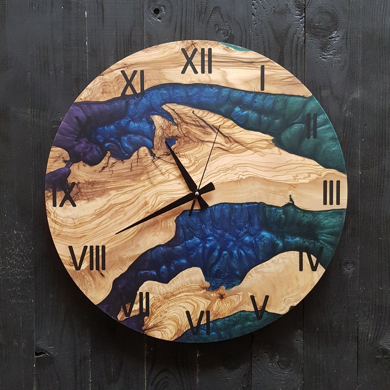 Custom Made Resin & Olive Wood Wall Clock, Epoxy and Olive Wood Wall Clock, Christmas Gift, Live Edge Rustic Olive Wood Wall Clock, Timeless BlackSeaResinWorks
