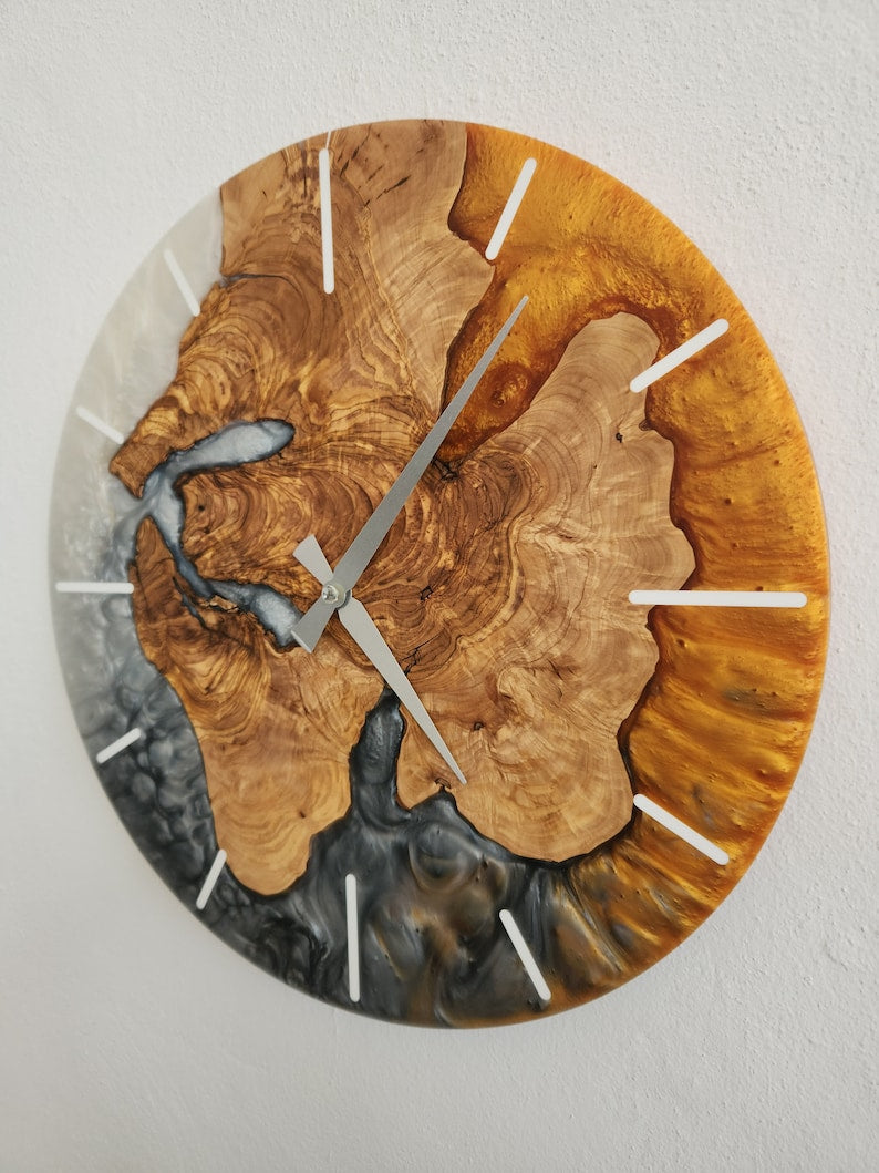Resin Wall Clock, Custom Made Resin & Olive Wood, Made to order Epoxy and Olive Wall Clock, Home gift, Live Edge Rustic Wall Clock BlackSeaResinWorks