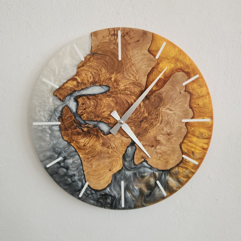 Resin Wall Clock, Custom Made Resin & Olive Wood, Made to order Epoxy and Olive Wall Clock, Home gift, Live Edge Rustic Wall Clock BlackSeaResinWorks