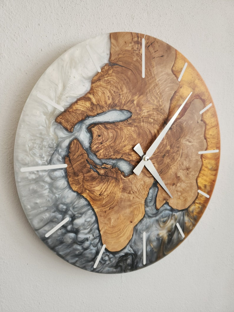 Resin Wall Clock, Custom Made Resin & Olive Wood, Made to order Epoxy and Olive Wall Clock, Home gift, Live Edge Rustic Wall Clock BlackSeaResinWorks
