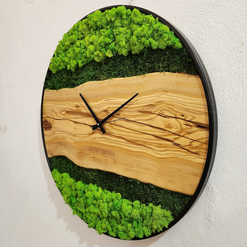 Olive Wood Wall Clock, Metal and Olive Wooden Wall Clock, Olive Wooden Wall Clock & Moss Wall Art, Preserved Stabilized Moss