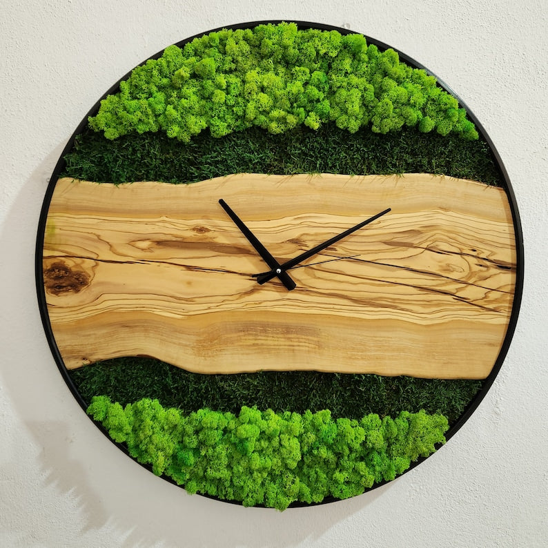 Olive Wood Wall Clock, Metal and Olive Wooden Wall Clock, Olive Wooden Wall Clock & Moss Wall Art, Preserved Stabilized Moss
