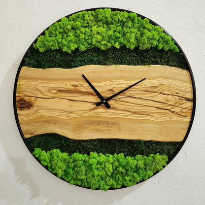 Olive Wood Wall Clock, Metal and Olive Wooden Wall Clock, Olive Wooden Wall Clock & Moss Wall Art, Preserved Stabilized Moss