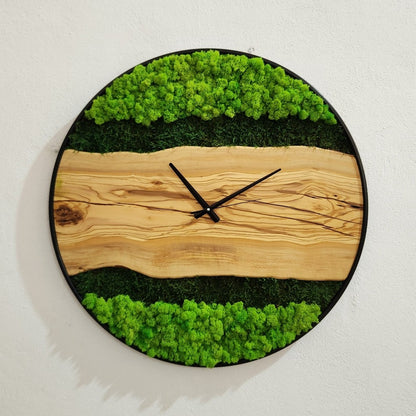 Olive Wood Wall Clock, Metal and Olive Wooden Wall Clock, Olive Wooden Wall Clock & Moss Wall Art, Preserved Stabilized Moss