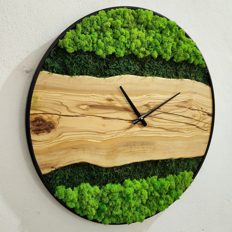 Olive Wood Wall Clock, Metal and Olive Wooden Wall Clock, Olive Wooden Wall Clock & Moss Wall Art, Preserved Stabilized Moss