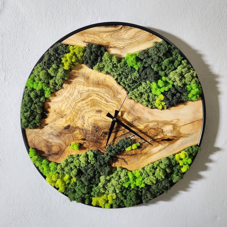 Custom Moss Olive Wood Wall Clock, Metal and Olive Wooden Wall Clock, Olive Wooden Wall Clock & Moss Wall Art, Preserved Stabilized Moss BlackSeaResinWorks