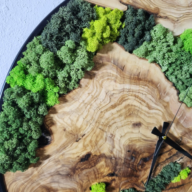 Custom Moss Olive Wood Wall Clock, Metal and Olive Wooden Wall Clock, Olive Wooden Wall Clock & Moss Wall Art, Preserved Stabilized Moss BlackSeaResinWorks