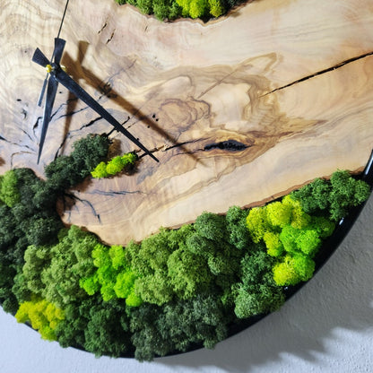 Custom Moss Olive Wood Wall Clock, Metal and Olive Wooden Wall Clock, Olive Wooden Wall Clock & Moss Wall Art, Preserved Stabilized Moss BlackSeaResinWorks