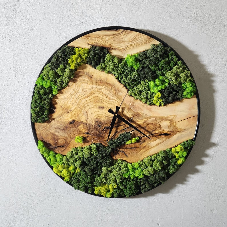 Custom Moss Olive Wood Wall Clock, Metal and Olive Wooden Wall Clock, Olive Wooden Wall Clock & Moss Wall Art, Preserved Stabilized Moss BlackSeaResinWorks
