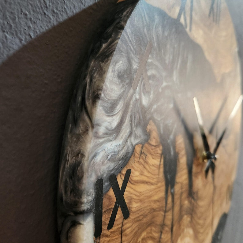 Black and White Epoxy Wall Clock, Custom Made Resin & Olive Wood Wall Clock, Made to order Epoxy and Olive Wood Wall Clock, Live Edge Clock BlackSeaResinWorks