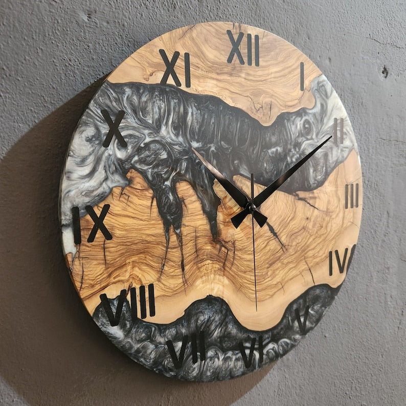 Black and White Epoxy Wall Clock, Custom Made Resin & Olive Wood Wall Clock, Made to order Epoxy and Olive Wood Wall Clock, Live Edge Clock BlackSeaResinWorks
