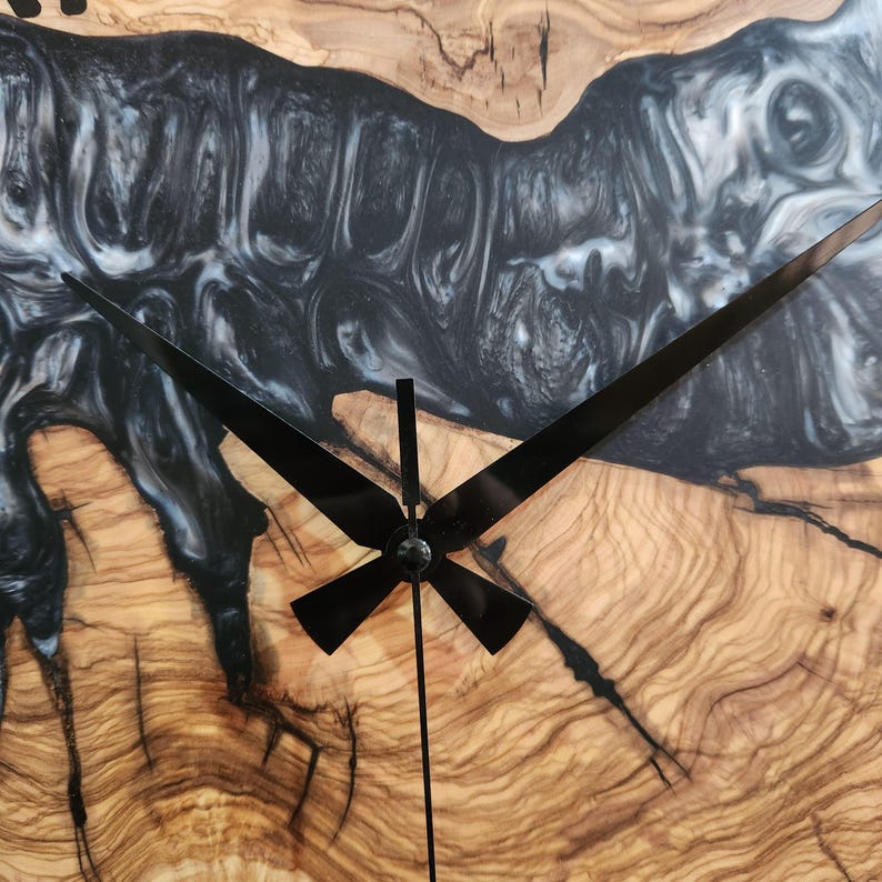 Black and White Epoxy Wall Clock, Custom Made Resin & Olive Wood Wall Clock, Made to order Epoxy and Olive Wood Wall Clock, Live Edge Clock BlackSeaResinWorks