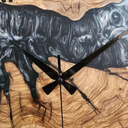 Black and White Epoxy Wall Clock, Custom Made Resin & Olive Wood Wall Clock, Made to order Epoxy and Olive Wood Wall Clock, Live Edge Clock BlackSeaResinWorks