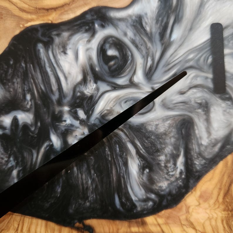 Black and White Epoxy Wall Clock, Custom Made Resin & Olive Wood Wall Clock, Made to order Epoxy and Olive Wood Wall Clock, Live Edge Clock BlackSeaResinWorks