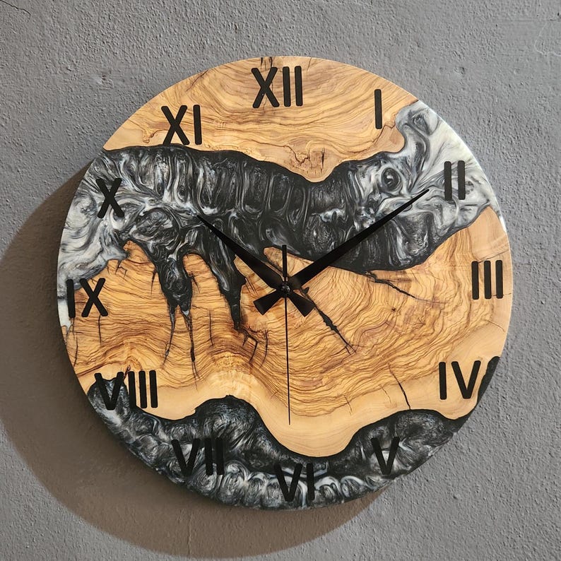 Black and White Epoxy Wall Clock, Custom Made Resin & Olive Wood Wall Clock, Made to order Epoxy and Olive Wood Wall Clock, Live Edge Clock BlackSeaResinWorks
