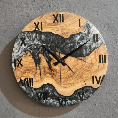 Black and White Epoxy Wall Clock, Custom Made Resin & Olive Wood Wall Clock, Made to order Epoxy and Olive Wood Wall Clock, Live Edge Clock BlackSeaResinWorks