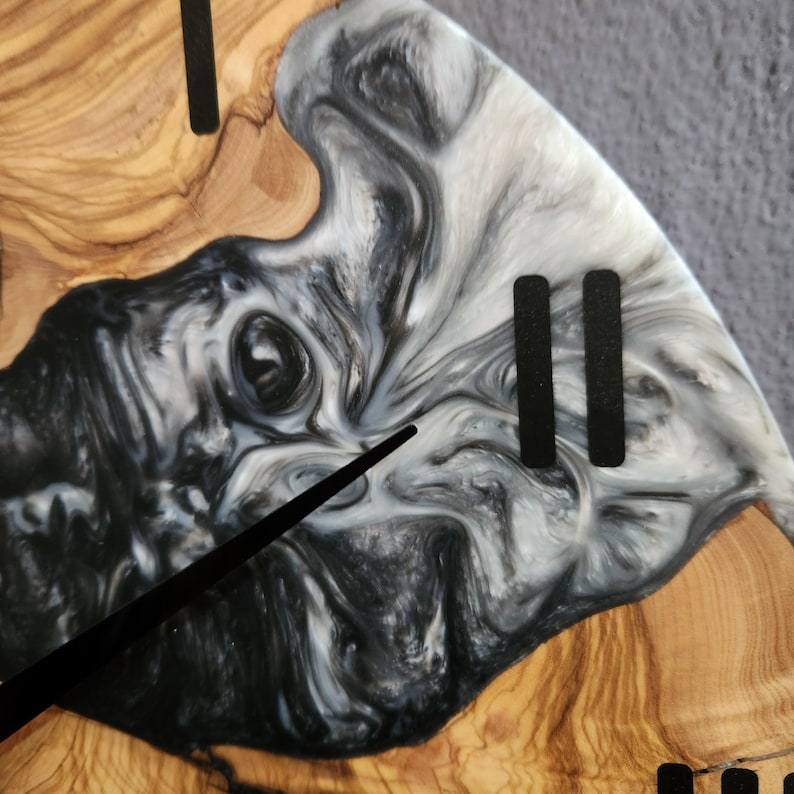 Black and White Epoxy Wall Clock, Custom Made Resin & Olive Wood Wall Clock, Made to order Epoxy and Olive Wood Wall Clock, Live Edge Clock BlackSeaResinWorks
